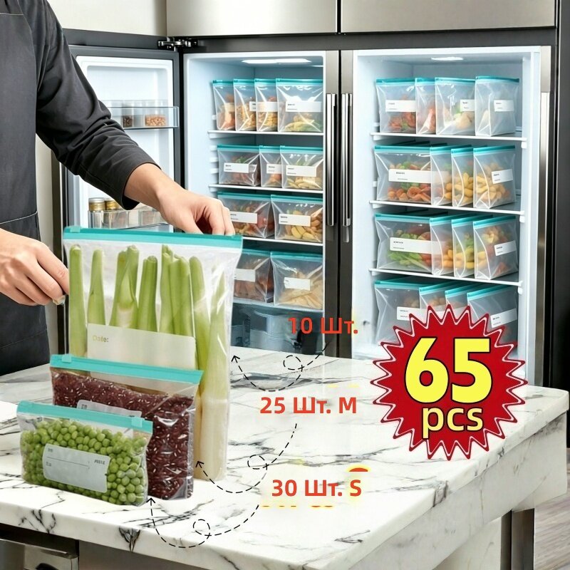 Набор из 65 многоразовых герметичных пакетов на молнии для хранения продуктов в холодильнике, три размера, для фруктов, круп, овощей и мяса