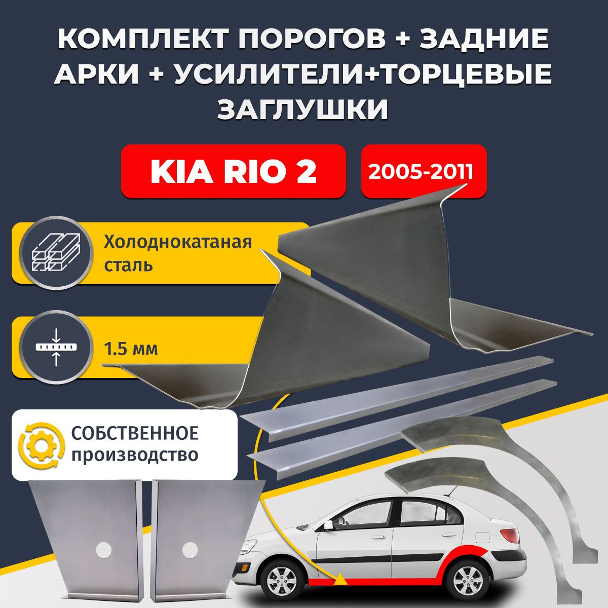 Комплект ремонтных задних арок (0,8 мм) и стандартных порогов + торцевые заглушки + усилители, на Kia Rio 2005-2011 седан (Киа Рио 2). Холоднокатаная сталь 1,5 мм