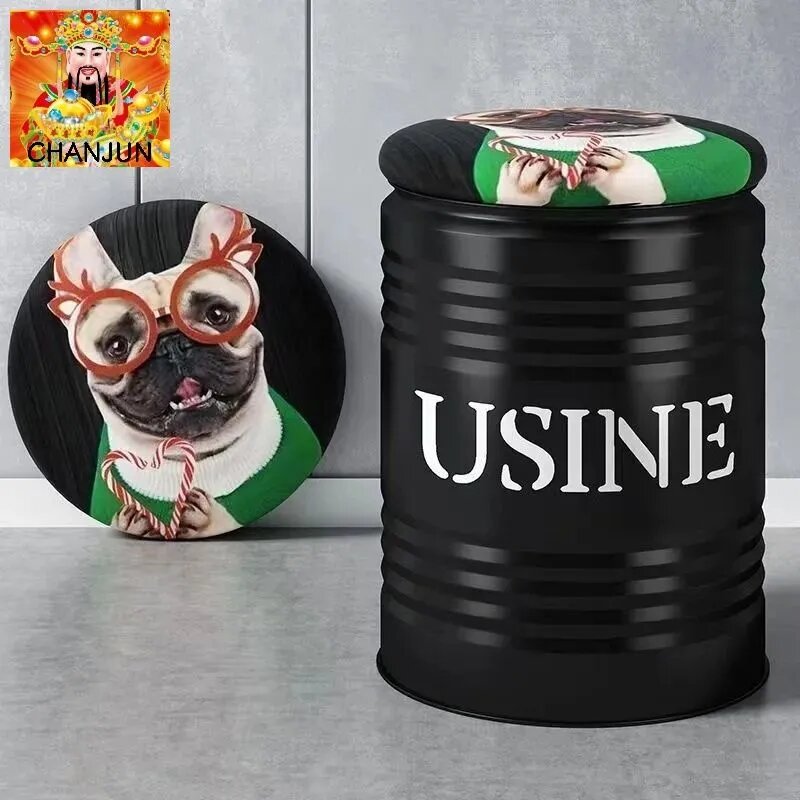Табурет-бочка Usine черный с принтом Мопс, круглый, пластик, 35x47x35 см