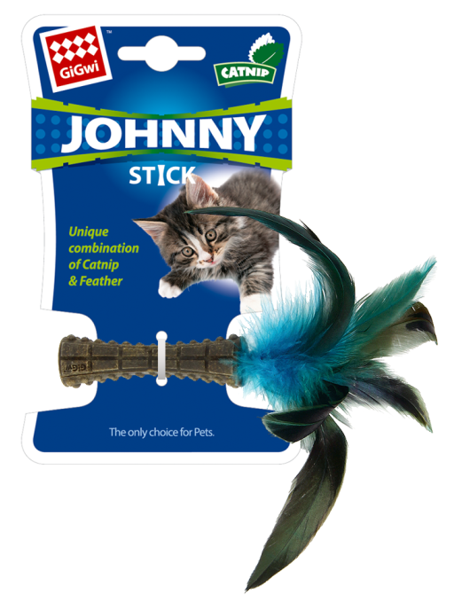 Игрушка для кошек GiGwi / ГиГви Johnny Stick палочка из кошачьей мяты с перьями 22х8см / зоотовары для животных