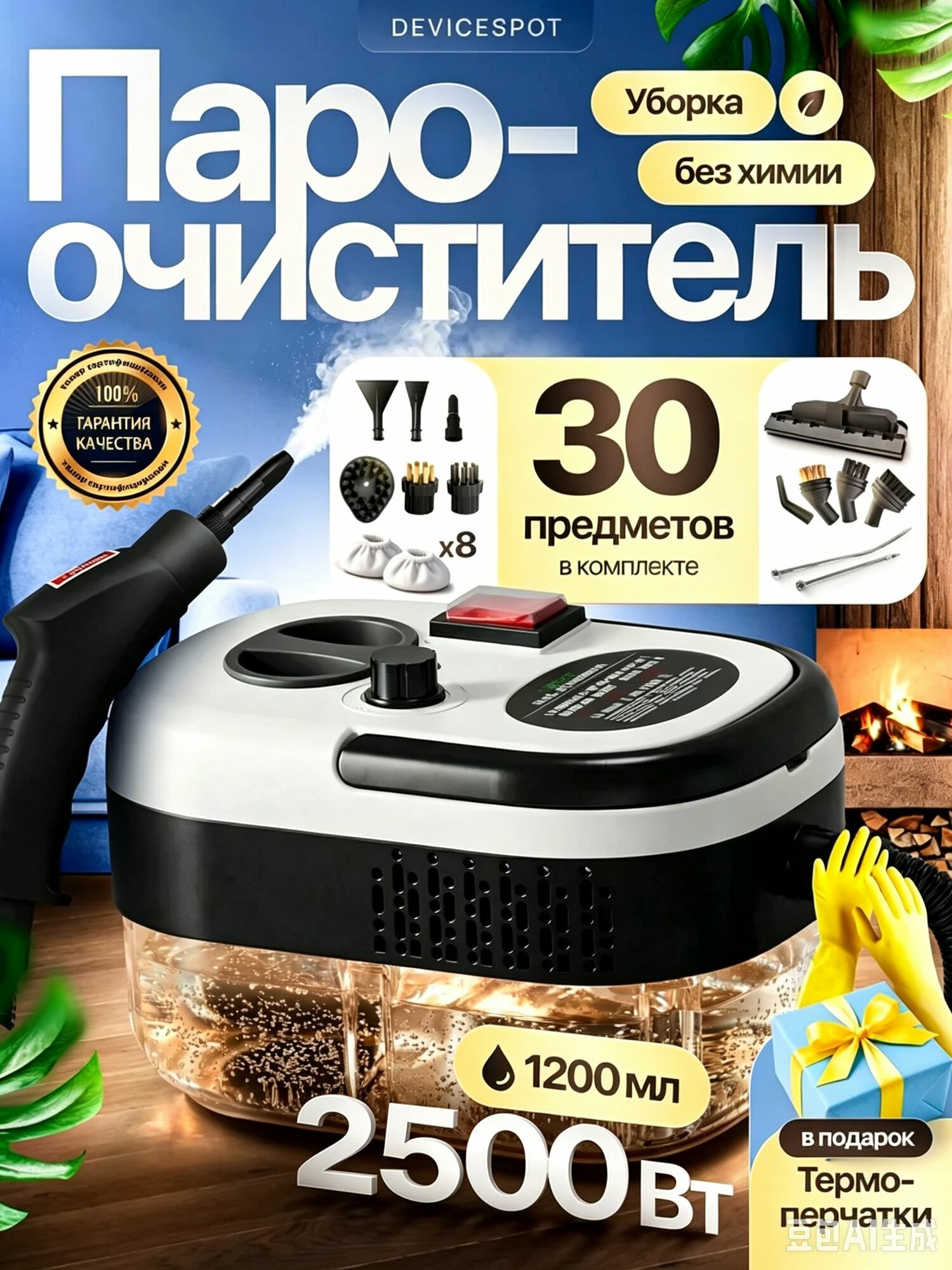 Ручной пароочиститель parik_bel 2500 Вт с 22 насадками и распылителем для воды, напольный, вертикальное отпаривание