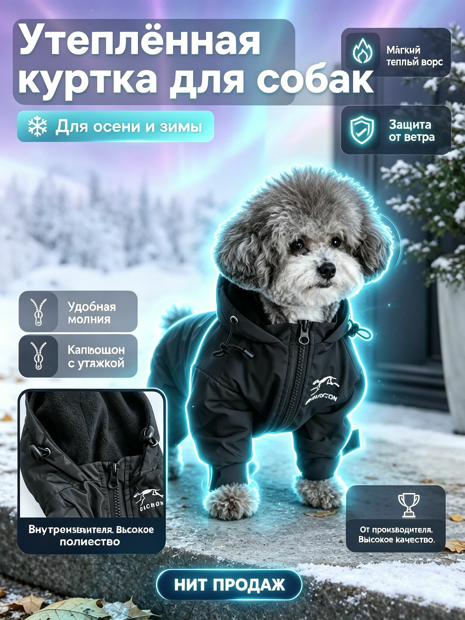Утепленная куртка для собак мелких пород с капюшоном, ветрозащитная одежда для осенних и зимних прогулок