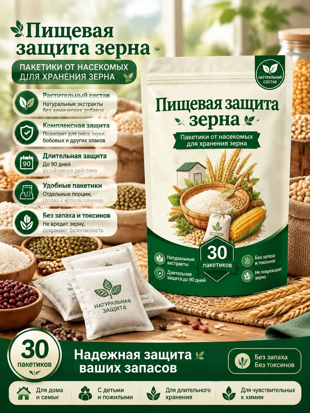 Средство для защиты зерна и круп от вредителей, 30 пакетиков: защищает от мучных жуков, амбарных долгоносиков и личинок моли