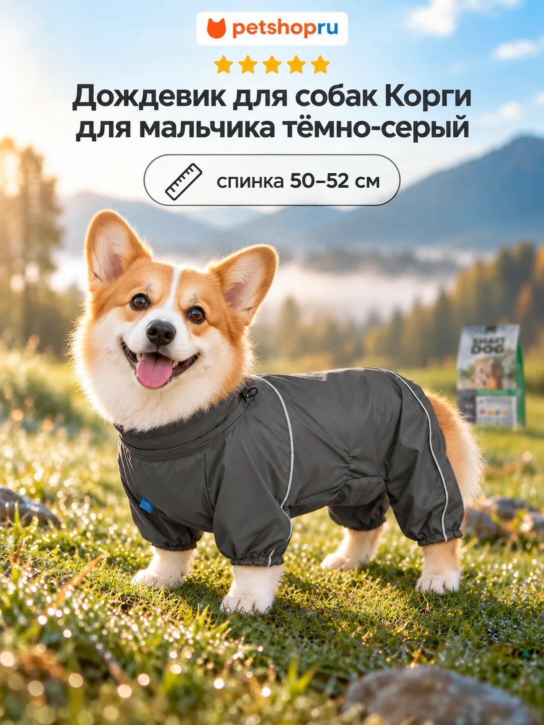 Yami-Yami одежда Дождевик для собак, тёмно-серый, Корги, на мальчика, спинка 50-52 см