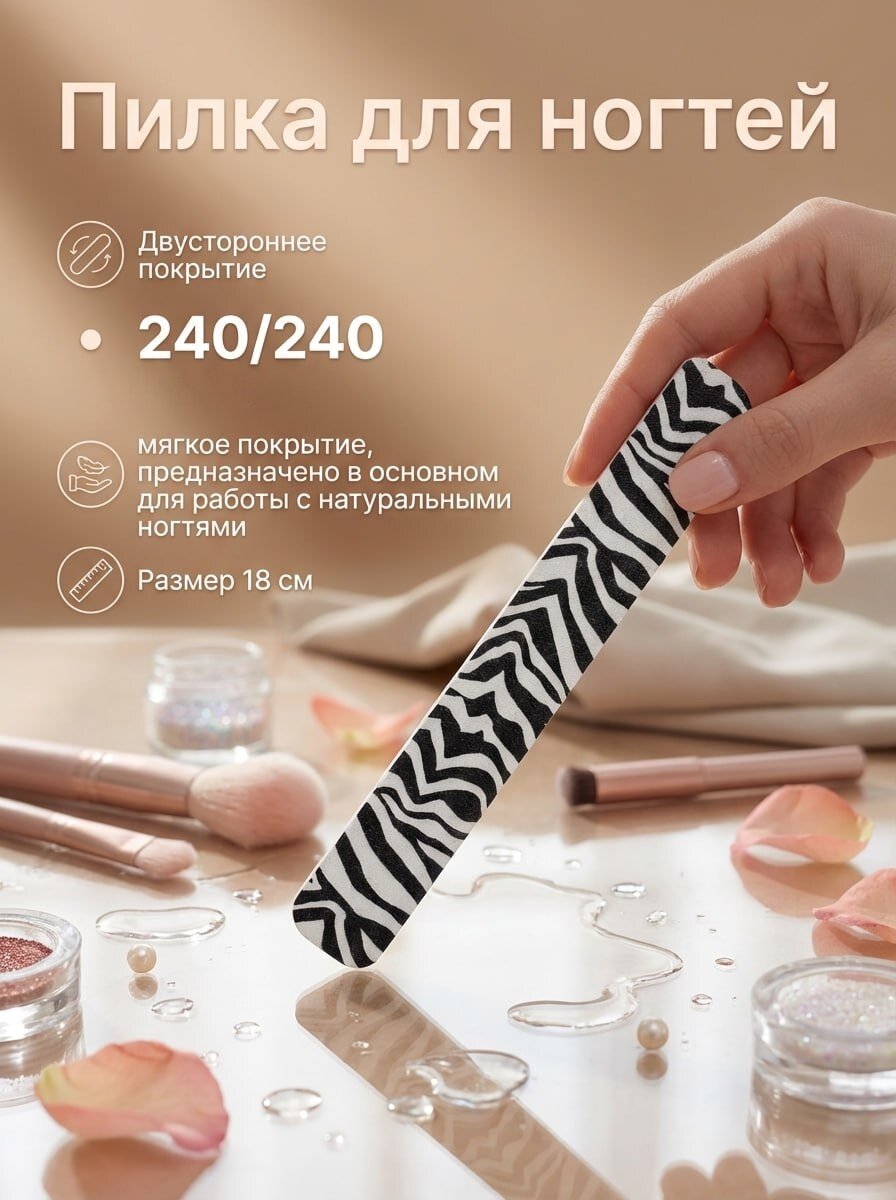 Пилка для ногтей 240/240, для натуральных и искусственных ногтей, Зебра