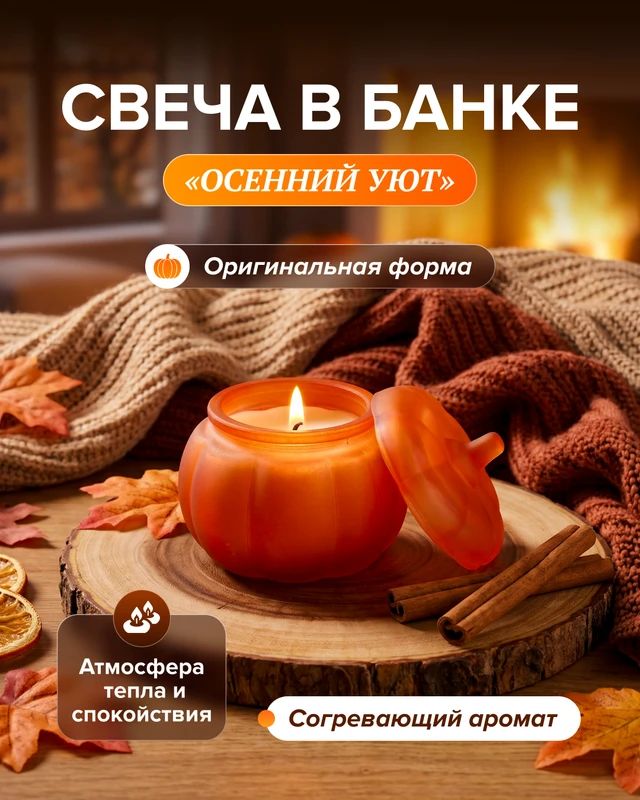 Ароматическая свеча Осенний уют в стильной банке из стекла для декорирования дома