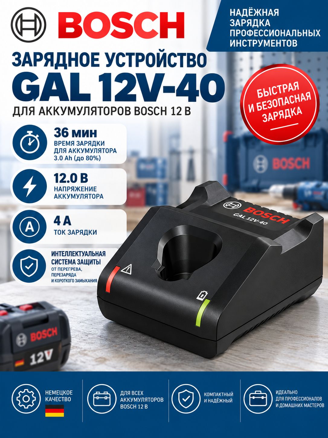Зарядное устройство Bosch GAL 12V40 для литийионных аккумуляторов 12В