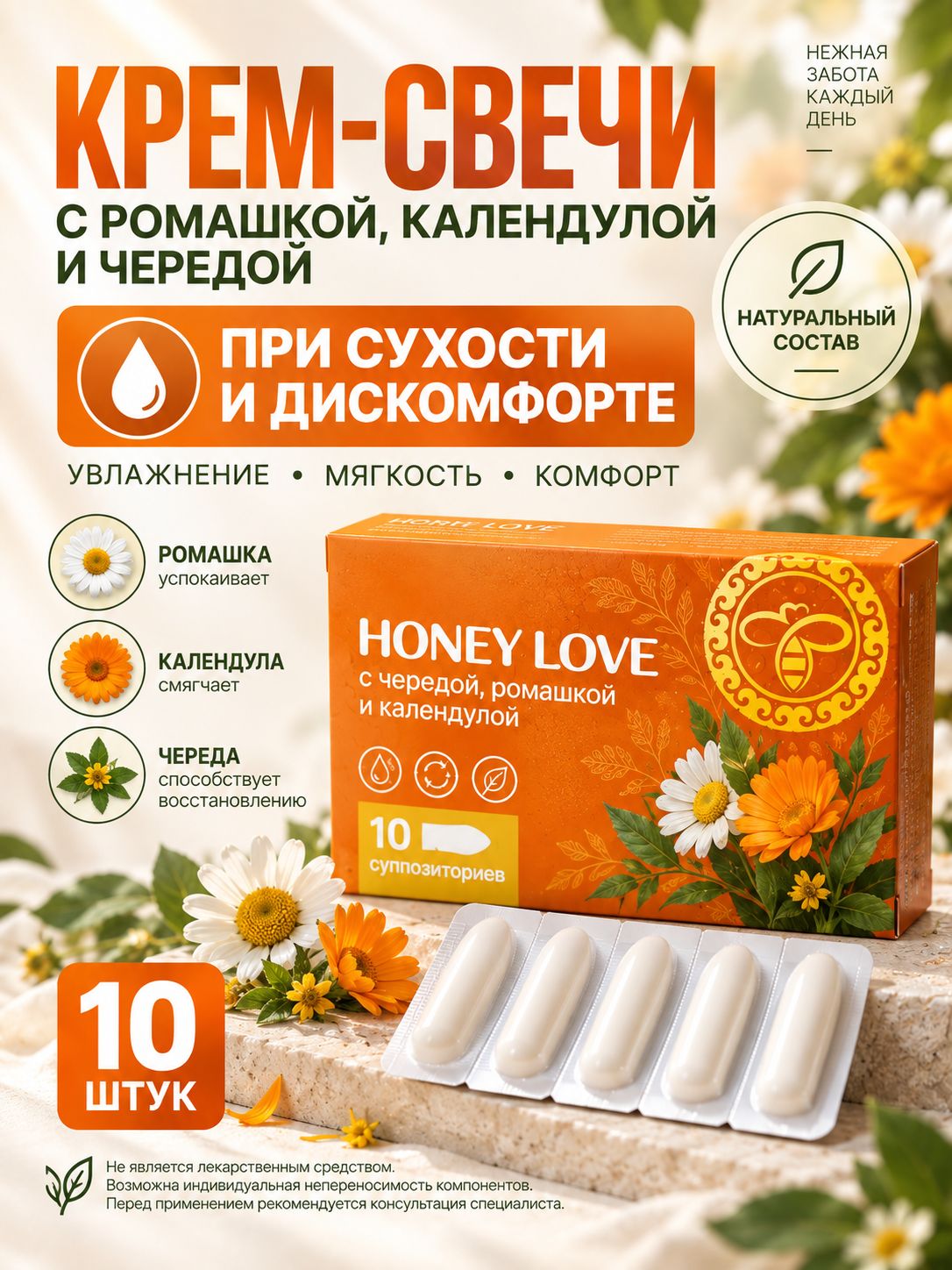 Крем-карандаш (фитосвечи) с чередой, ромашкой и календулой 10 штук, фитосвечи увлажняющие, от сухости и зуда