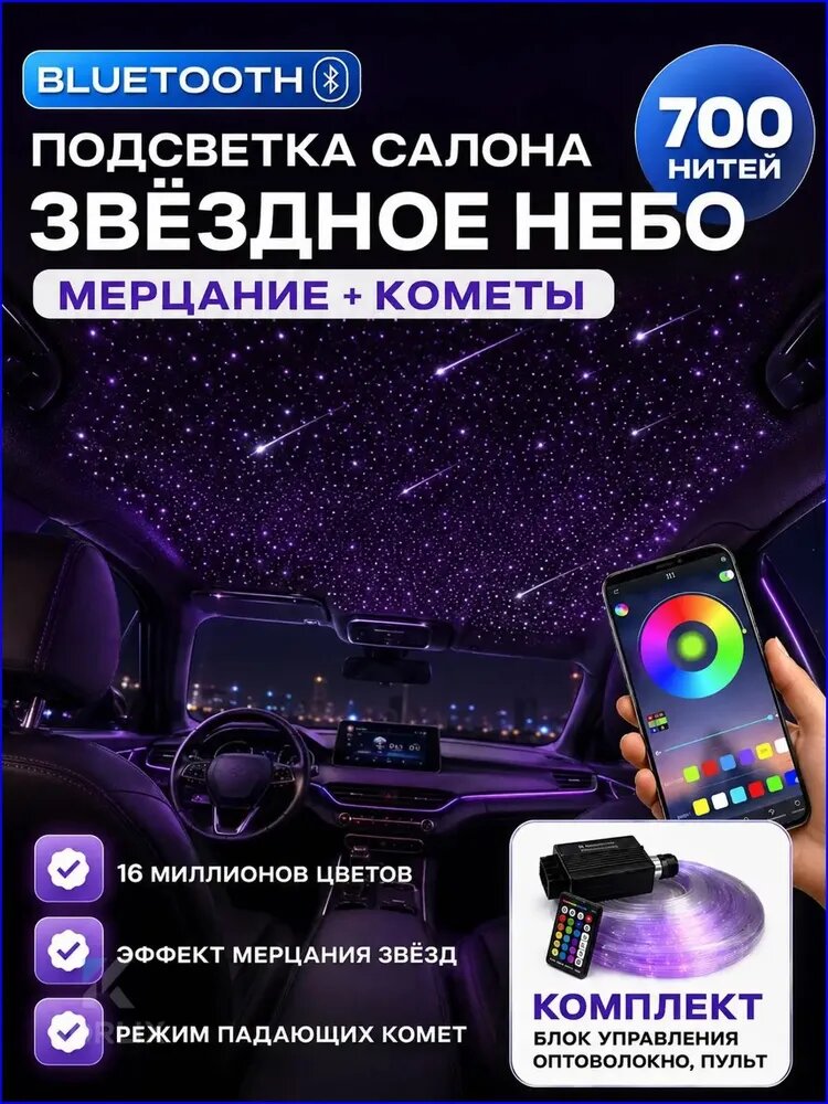 Звездное небо для установки в обивку потолка (700 нитей мерцание + кометы)