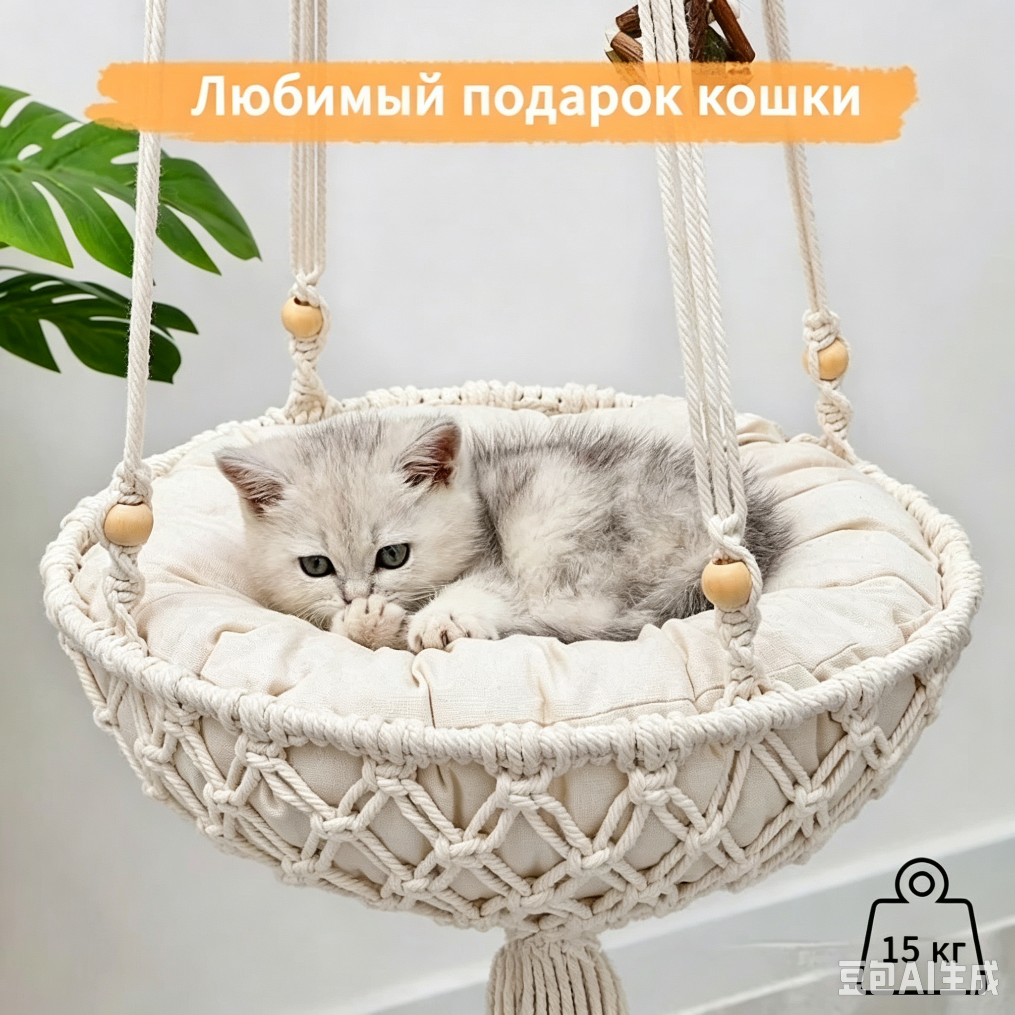Гамак-лежанка для кошек, подвесной, текстиль, с игрушками и крючками