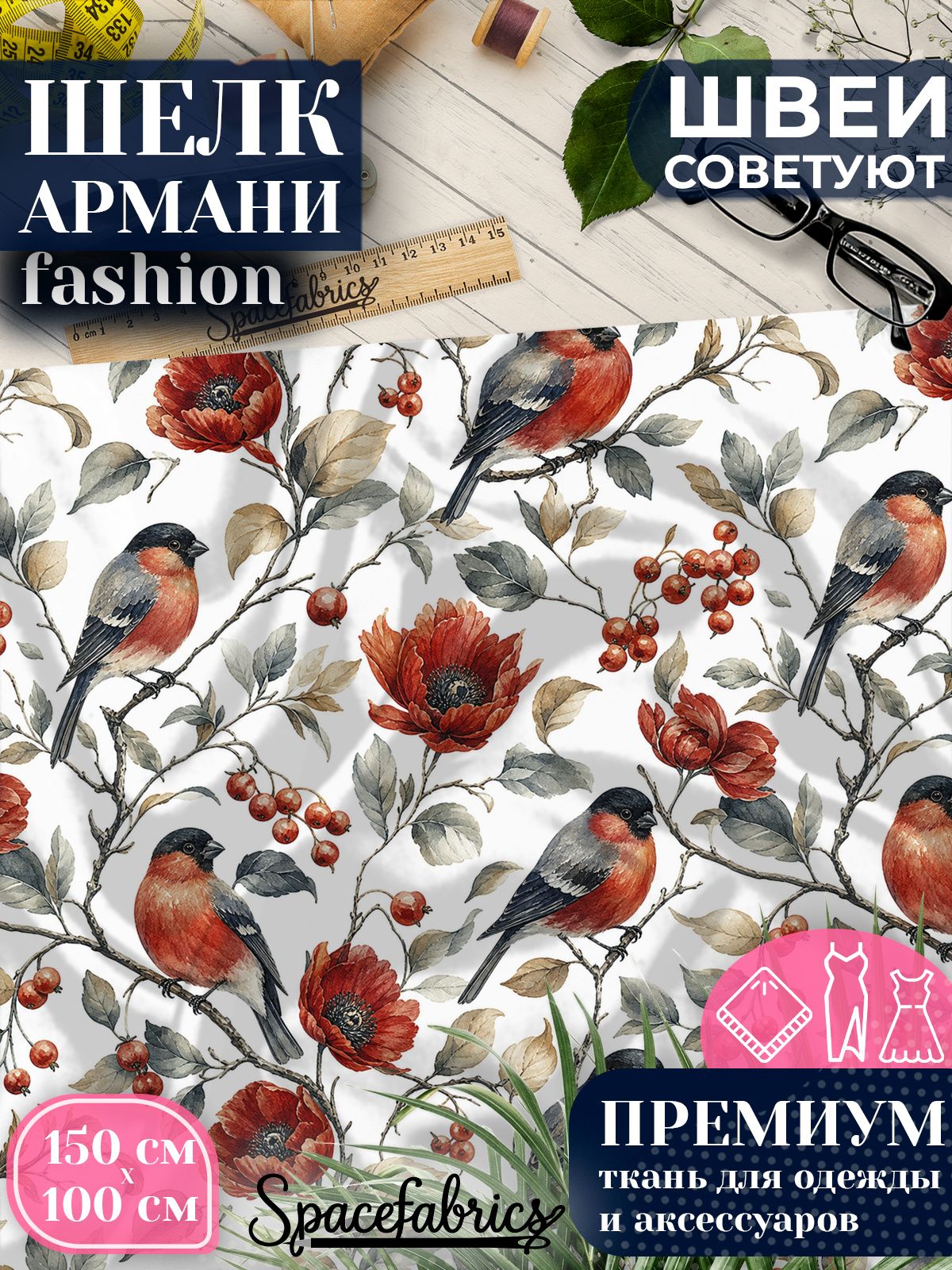 Ткань для шитья шелк Армани, искусственный шелк для костюмов, платьев, юбок с принтом Снегири