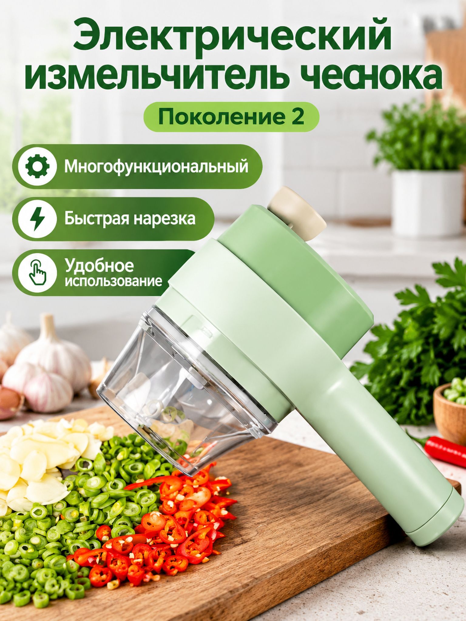 Электрическая овощерезка Гатлинг, беспроводной измельчитель чеснока, многофункциональный кухонный чоппер для пюре и нарезки овощей