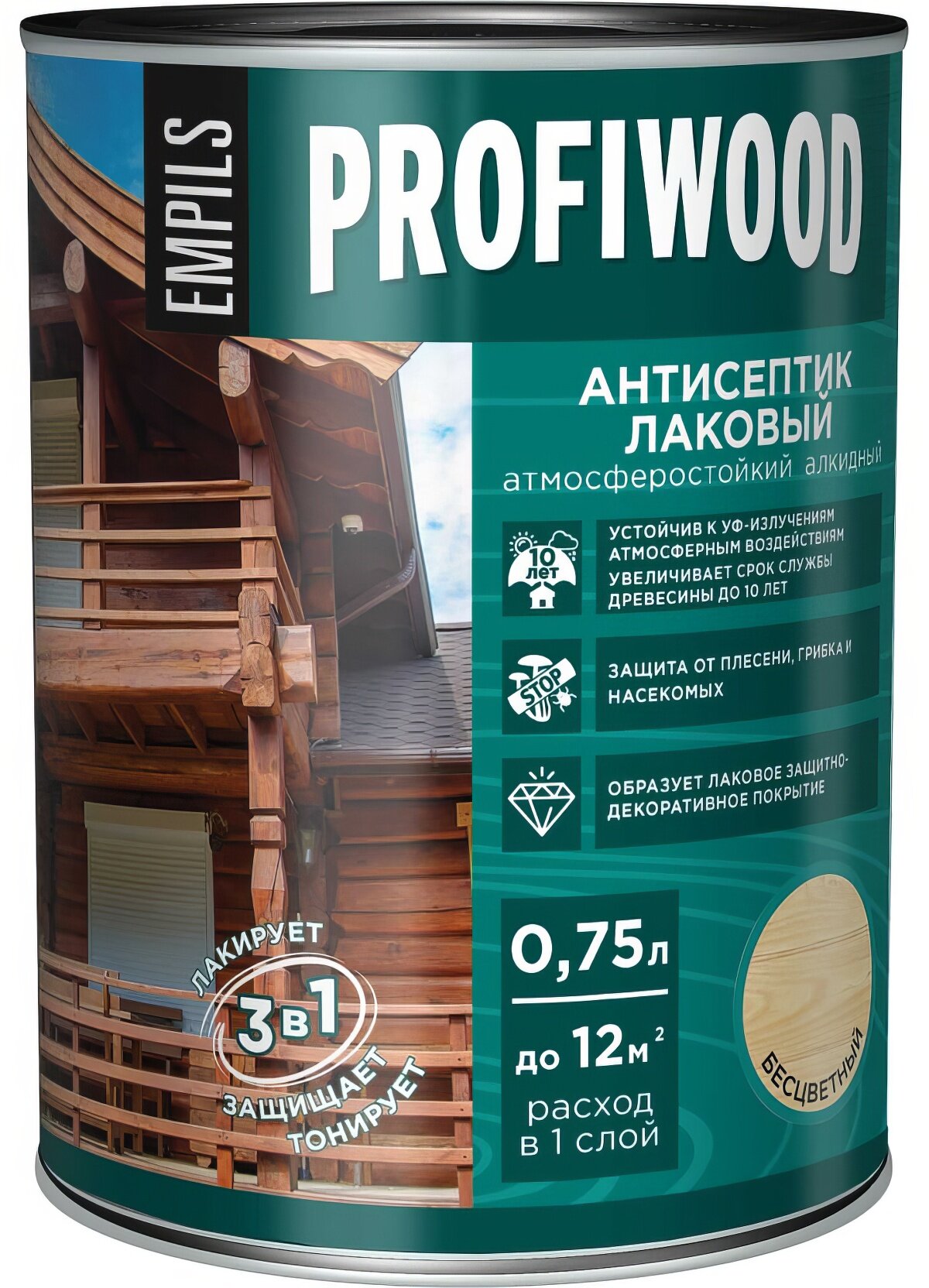 Алкидный антисептик PROFIWOOD (лаковый; тонирующий; атмосферостойкий; бесцветный; 0.75 л; 0.7 кг) 66992