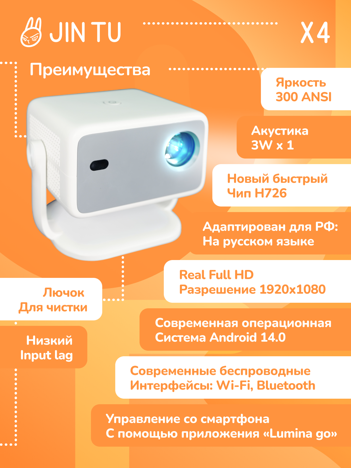 Проектор JIN TU X4 для фильмов. Real Full HD. Яркость 300 ANSI. Android 14. Интерфейс разработан для России. Смотри видео обзор.