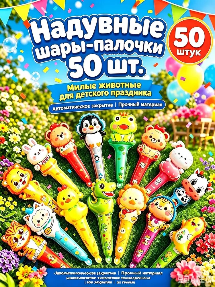Набор длинных фольгированных шаров-палочек с забавными животными 50 см для детских праздников и подарков