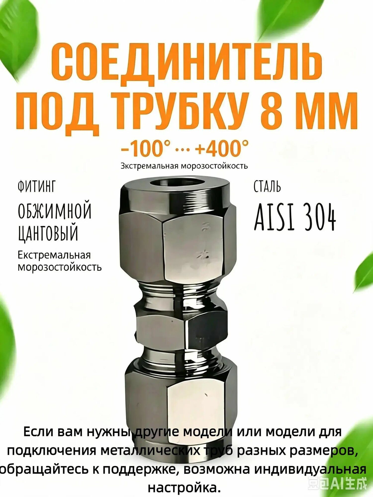 Обжимной фитинг муфта для металлической трубки наружный диаметр 8 мм, нержавеющая сталь AISI 304