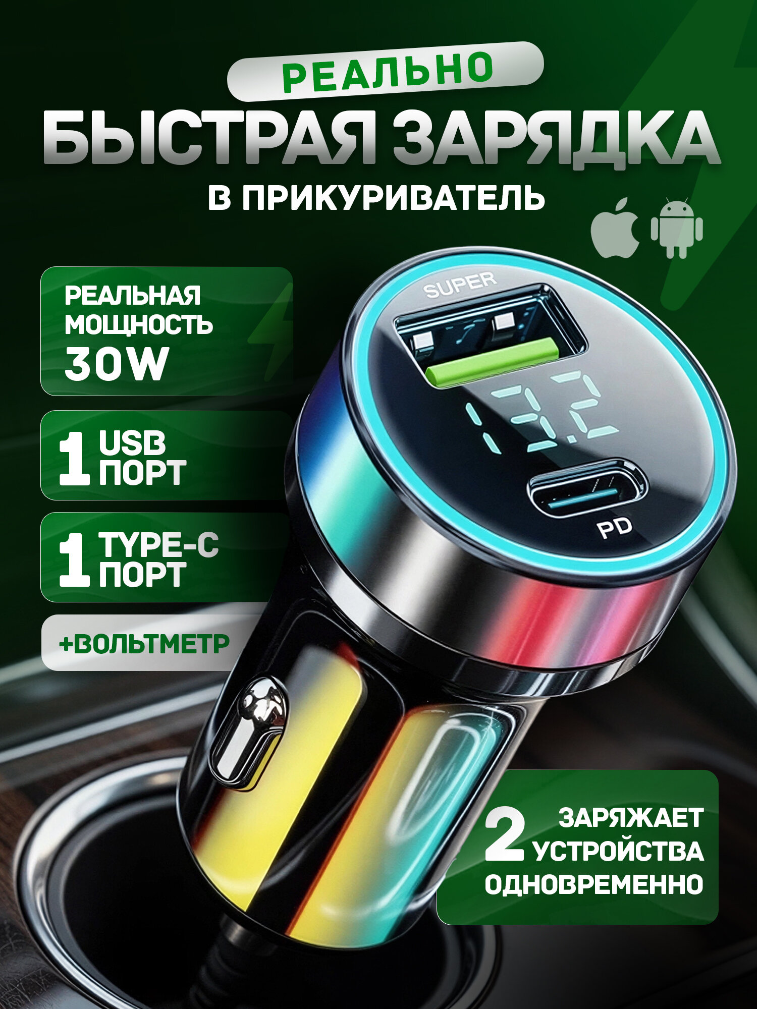 Автомобильная зарядка в прикуриватель быстрая с вольтметром / Зарядка Type C в машину от прикуривателя 12 - 24 В