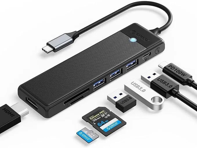 USB-C концентратор, хаб USB-A, PD, HDMI, TF/SD разветвитель ORICO 7 в 1 черный (ORICO-PWD-7P-BK-EP)
