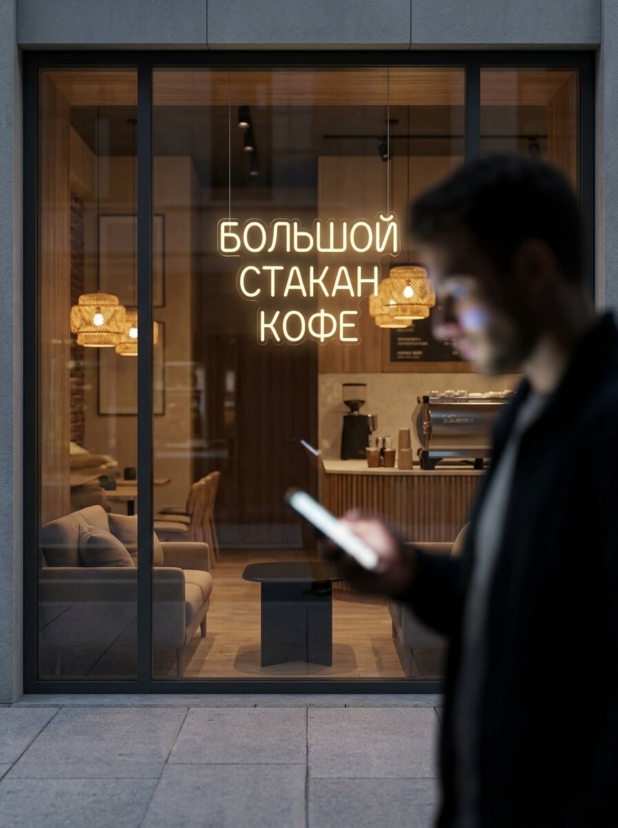 Неоновая вывеска "Большой стакан кофе" 60х45см, неоновая надпись, LED светильник для кофейни