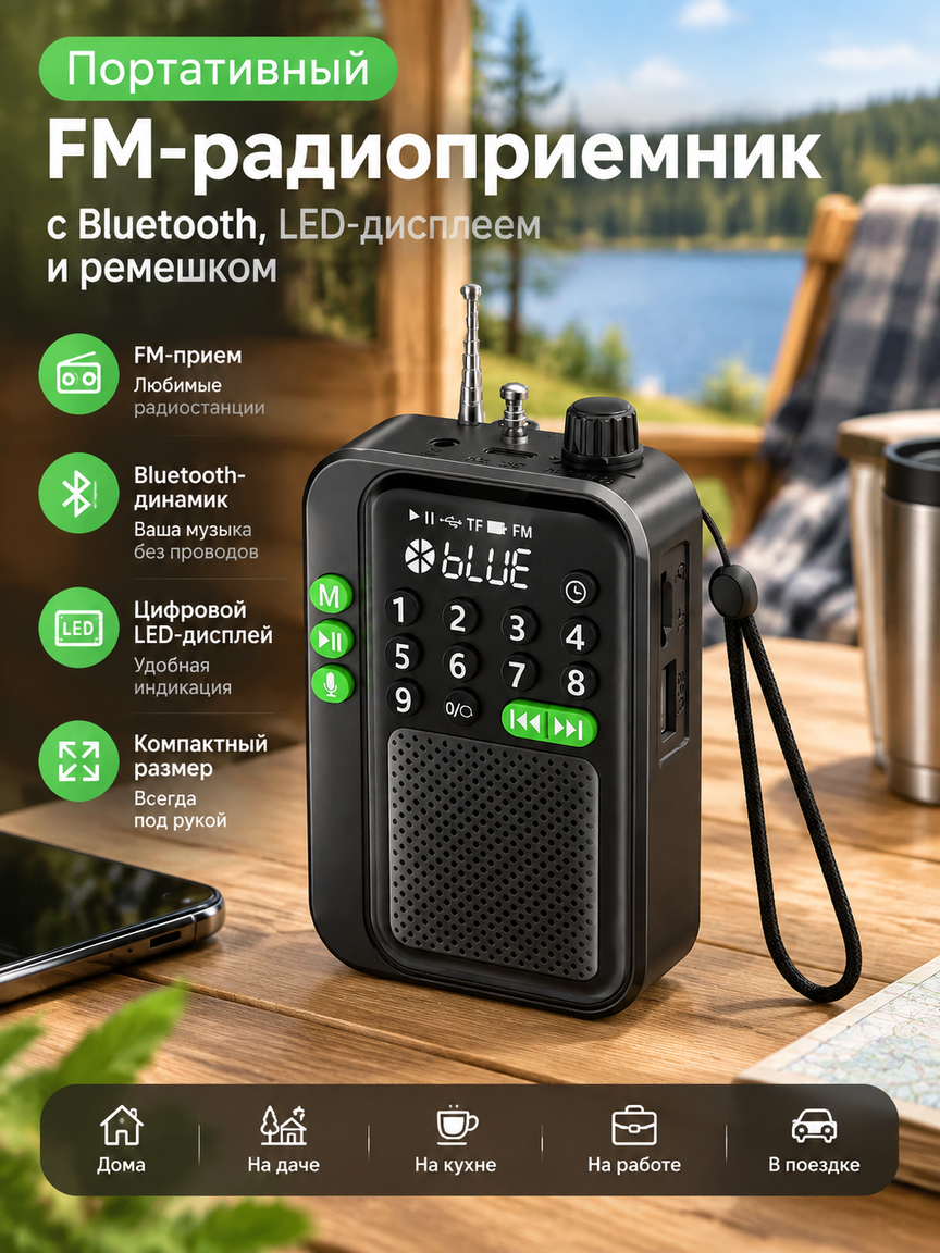 Портативный мини FM-радиоприемник с Bluetooth, LED-дисплеем и ремешком, черный матовый