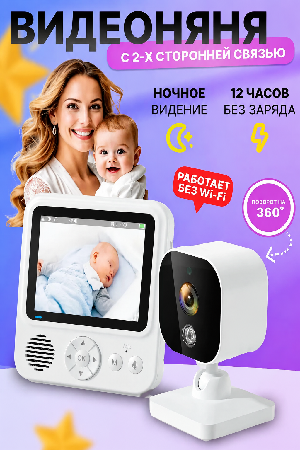 Видеоняня IlPro ABM900, с монитором, двусторонняя связь, ИК-ночное видение, белая/черная