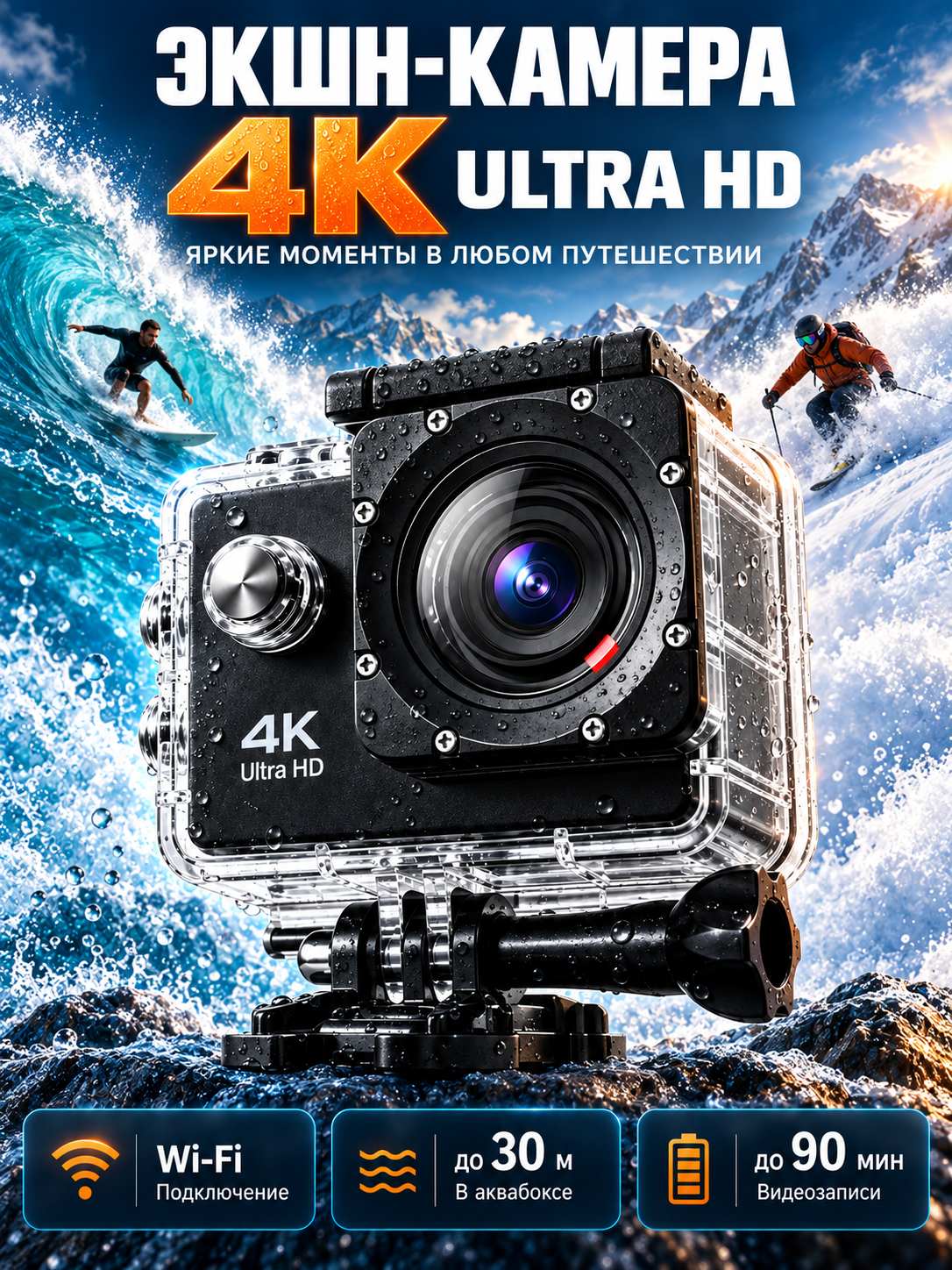 Экшн-камера 4K Wi-Fi водонепроницаемая, спортивная камера с аквабоксом 30 м и креплениями — фото 1