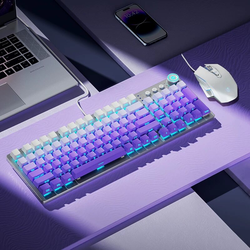 HP проводная механическая клавиатура с синей переключателем, мистическим фиолетовым цветом, ледяным синим светом,