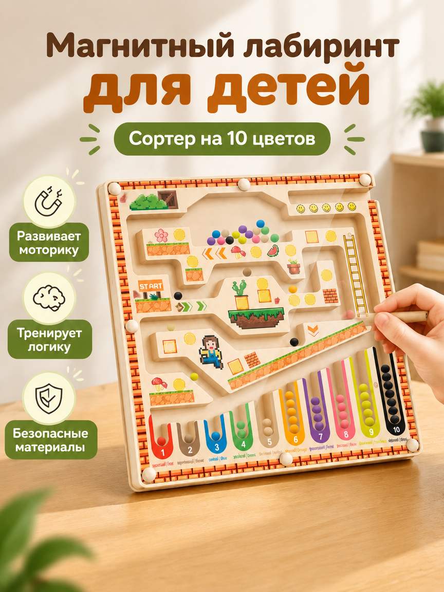 Магнитный лабиринт с катящимся шариком, развивающая игрушка с магнитной ручкой, желтая рамка и синий фон игрового поля, пластиковый корпус с металличе