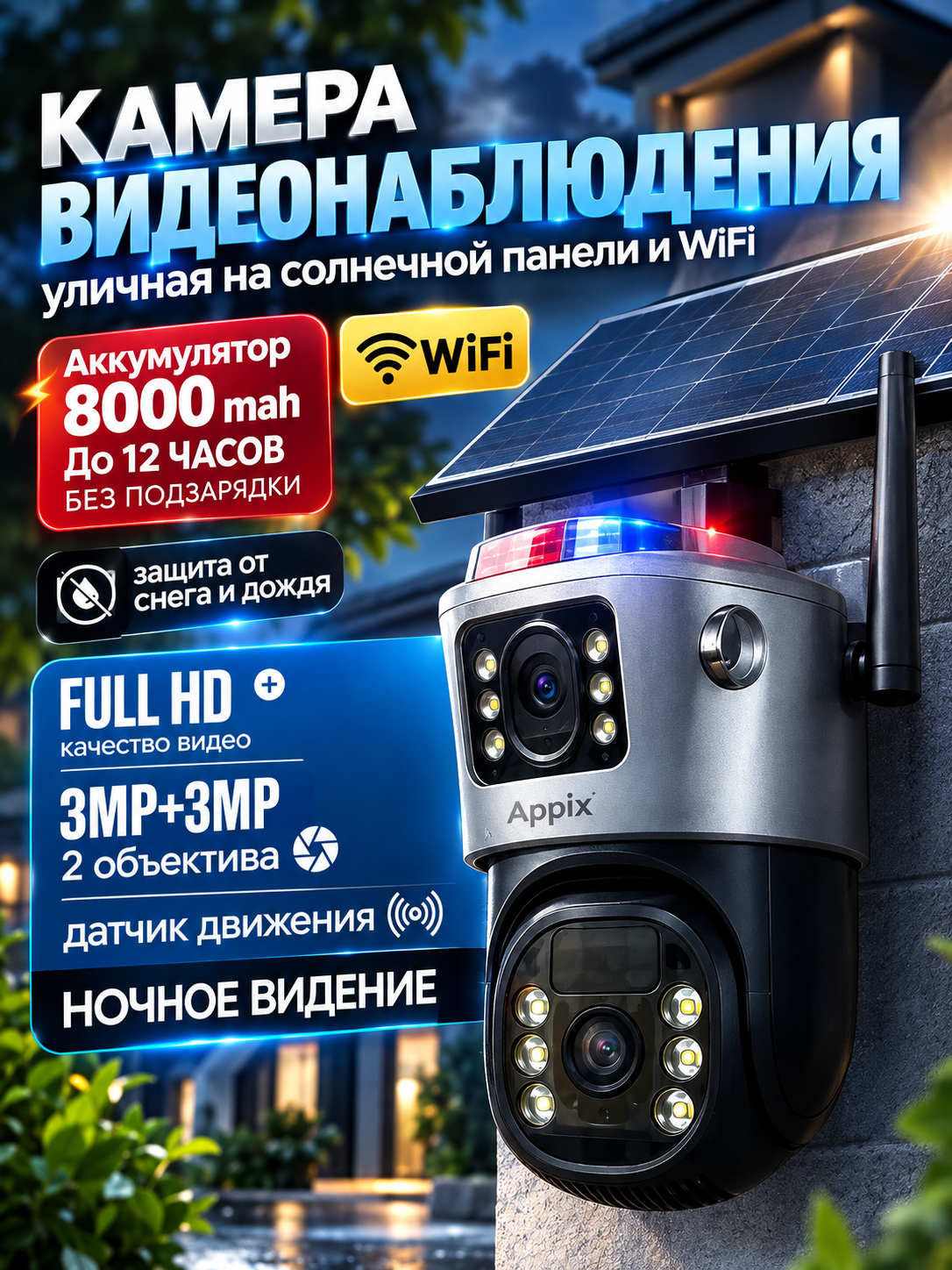 Камера видеонаблюдения уличная Wi-Fi Appix на солнечной батарее, 2 объектива, поворотная, для дома