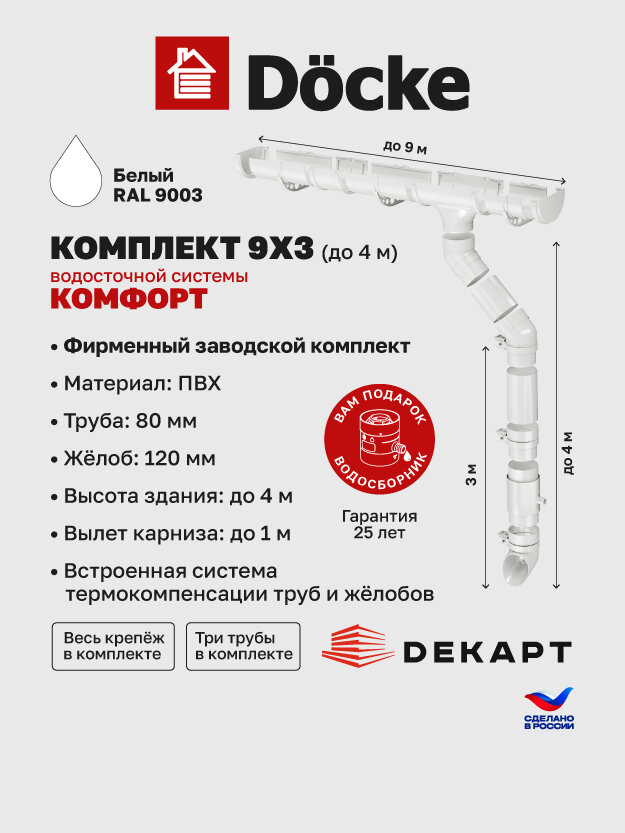 Комплект пластиковой водосточной системы Docke комфорт 9х3 (белый) Ral 9003