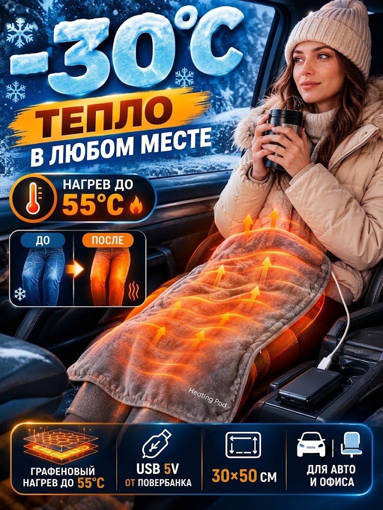 Электроодеяло USB 30x50 сантиметров графеновое, 9 Вт, питание от USB, Кристальный велюр и флис