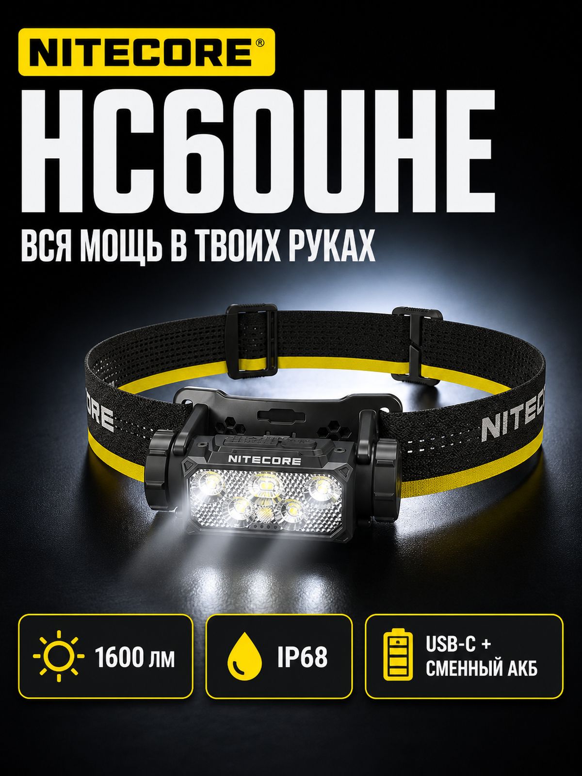 Налобный фонарь NITECORE HC60UHE 1600 люмен 157 метров 200 часов аккумулятор 18650 (NL1840HP 4000 мАч) USB-C (5 В 2 А)