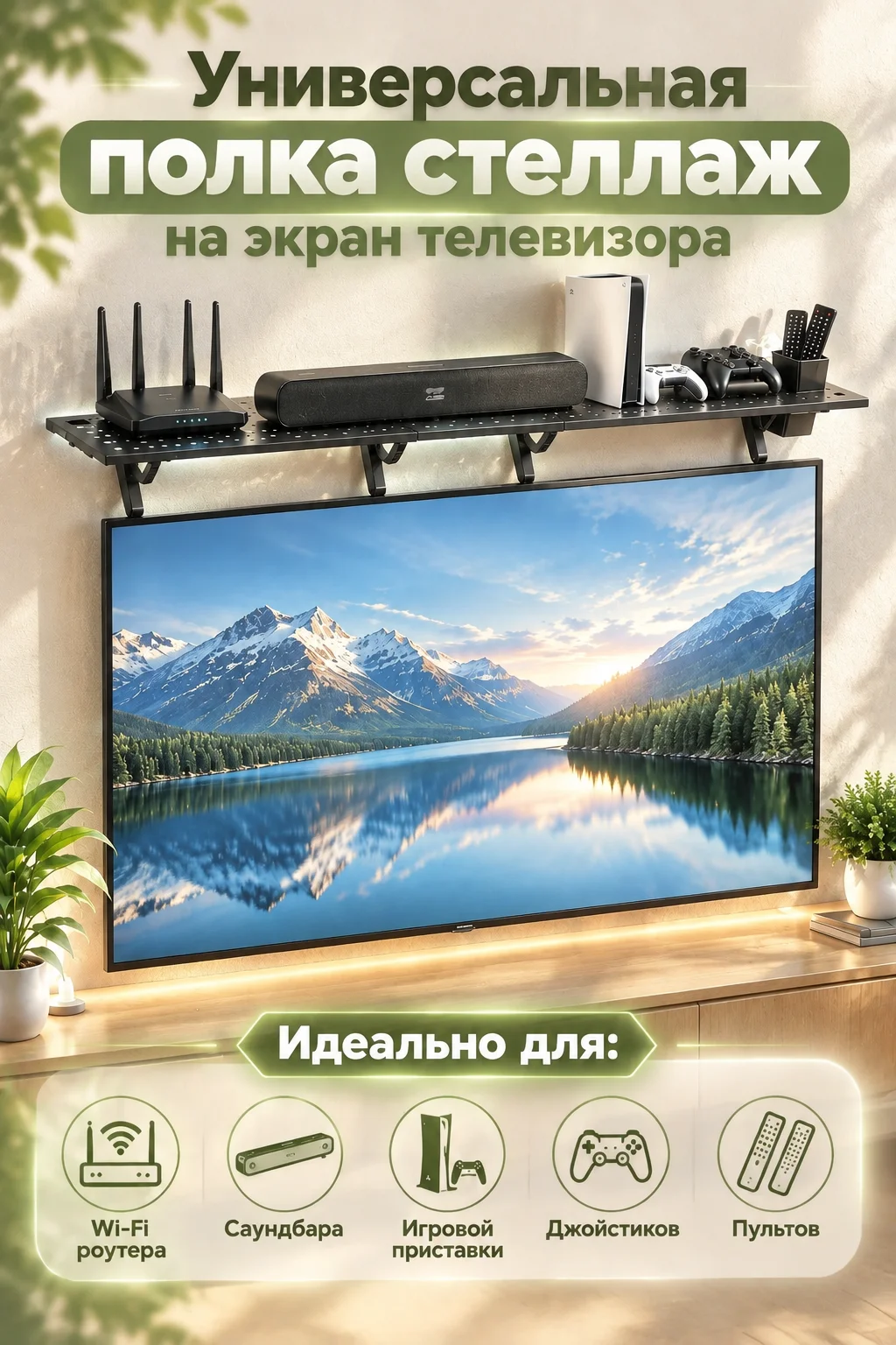 Универсальная полка стеллаж на экран телевизора для приставки, роутера регулируемая 85 см.