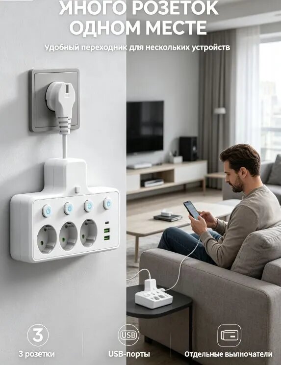 Тройник-разветвитель белый с USB и Type-C, на гибком проводе, с независимыми выключателями на каждой розетке, 3 розетки, компактный, 1 шт
