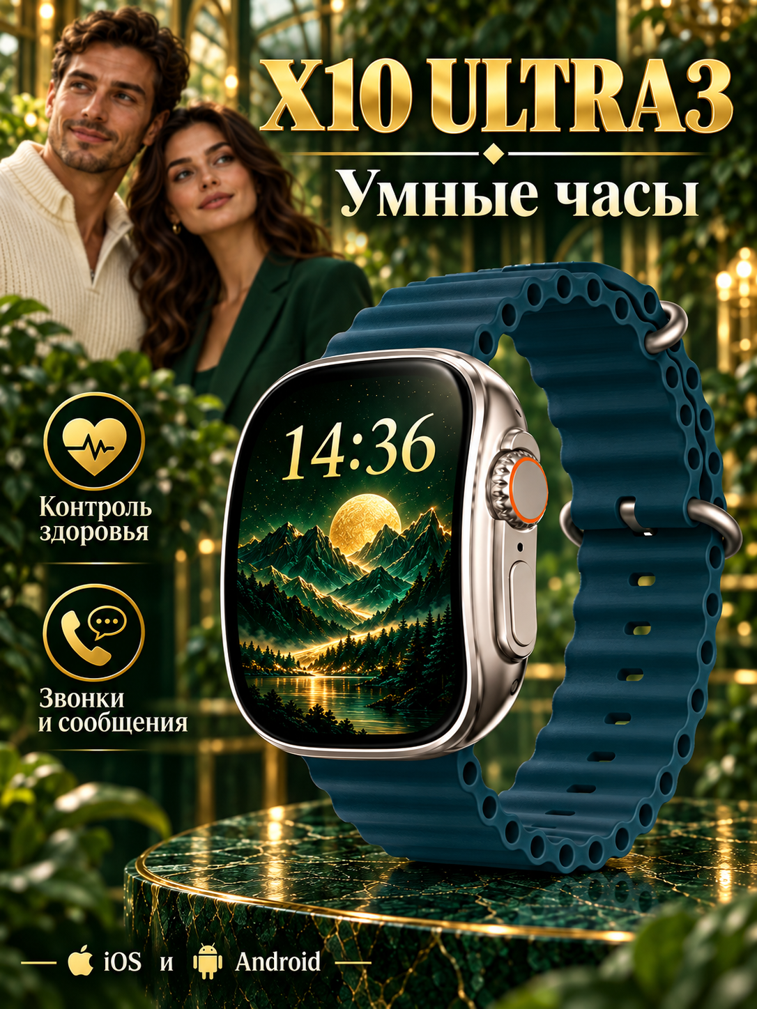 Cмарт часы X10 ULTRA3 Умные часы 49MM Series Smart Watch, Изогнутый экран AMOLED, Android, Bluetooth, Темно-бирюзовый