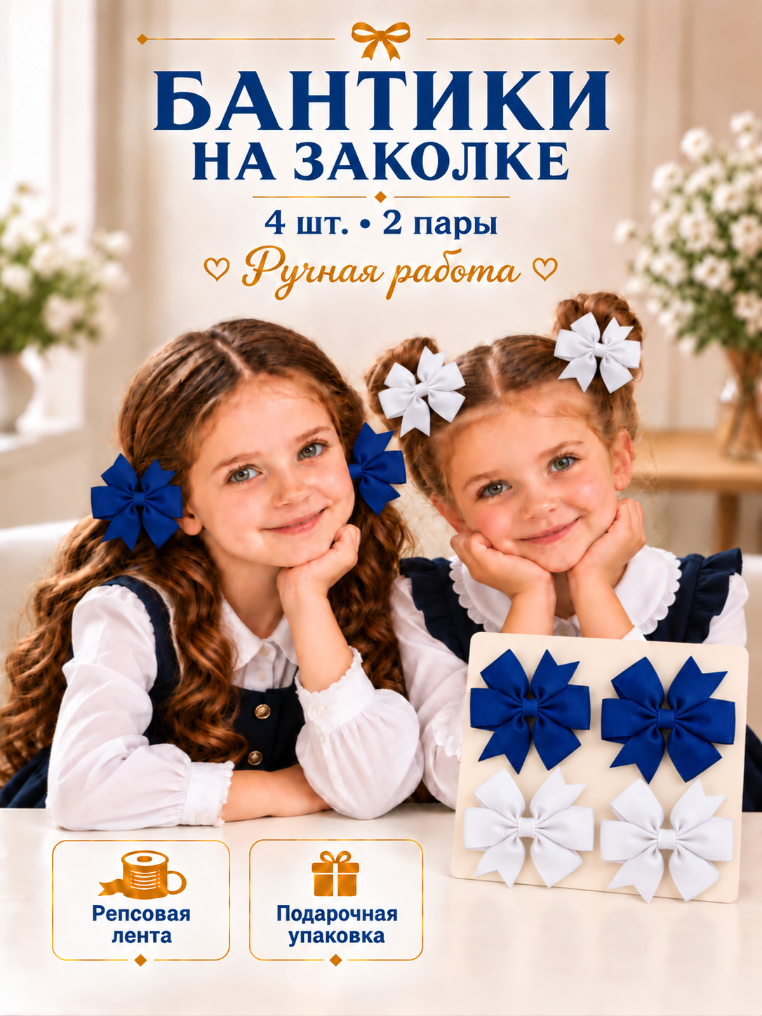 Бантики для девочек на заколке в школу, садик, ручная работа, набор 4 шт, аксессуары для волос