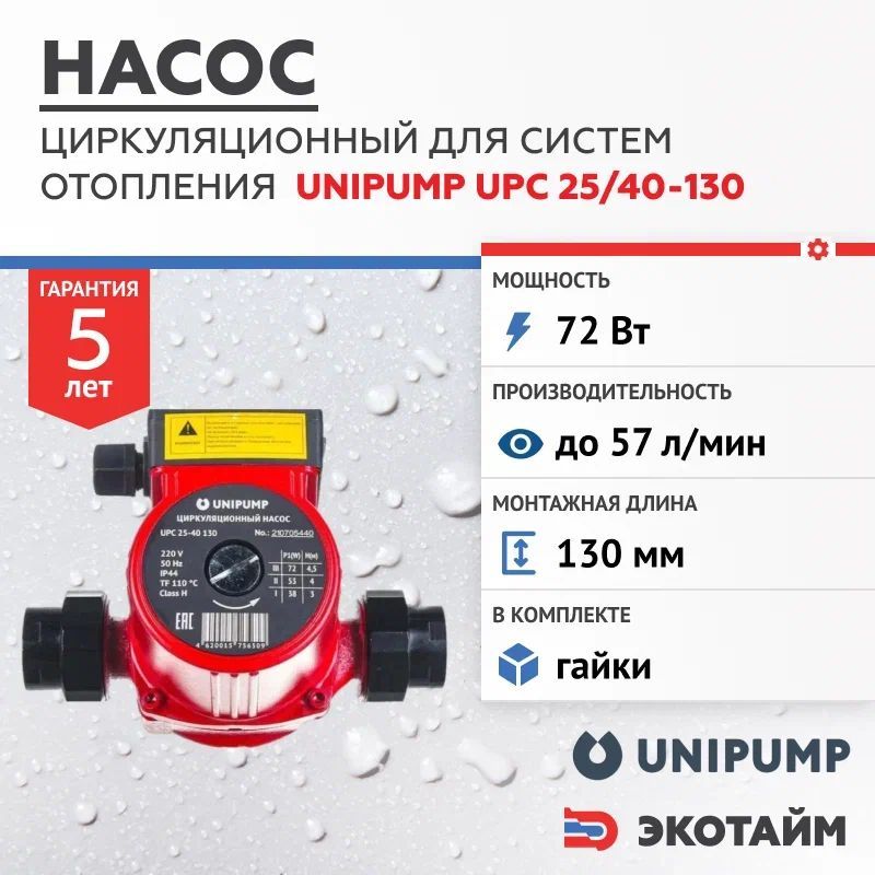UPС 25-40 130 Насос циркуляционный для отопления Unipump с гайками