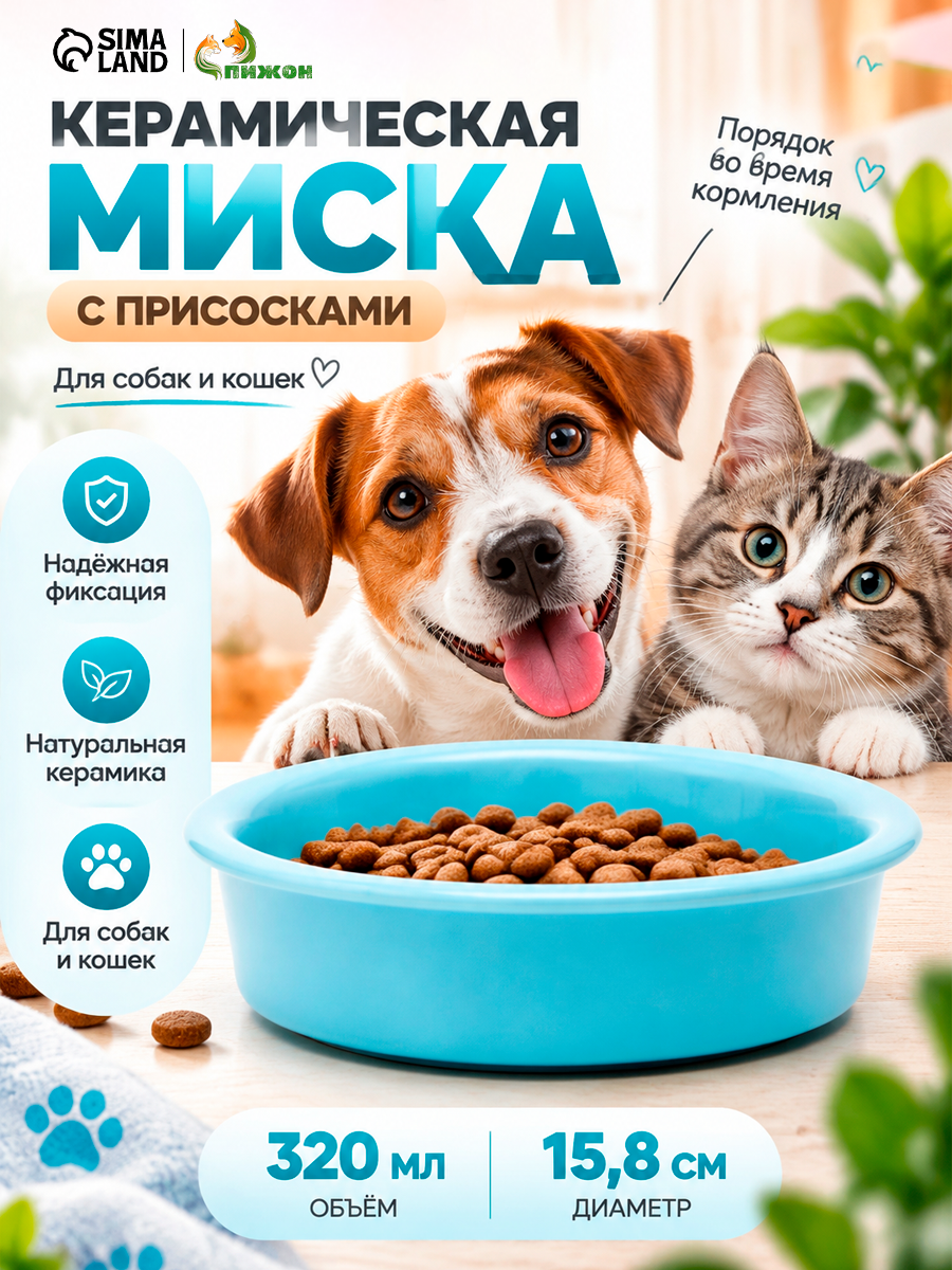 Миска керамическая с присосками, 320 мл, 15.8 × 4см, голубая