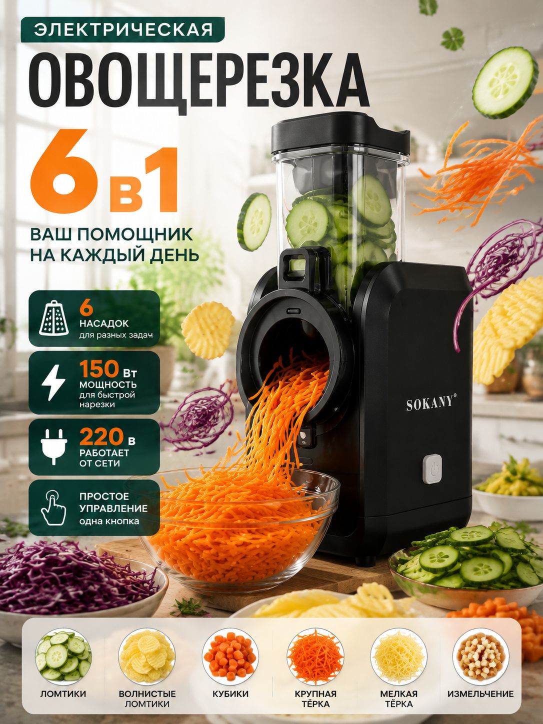 Электрическая тёрка и овощерезка для овощей, фруктов и сыра, 6 насадок