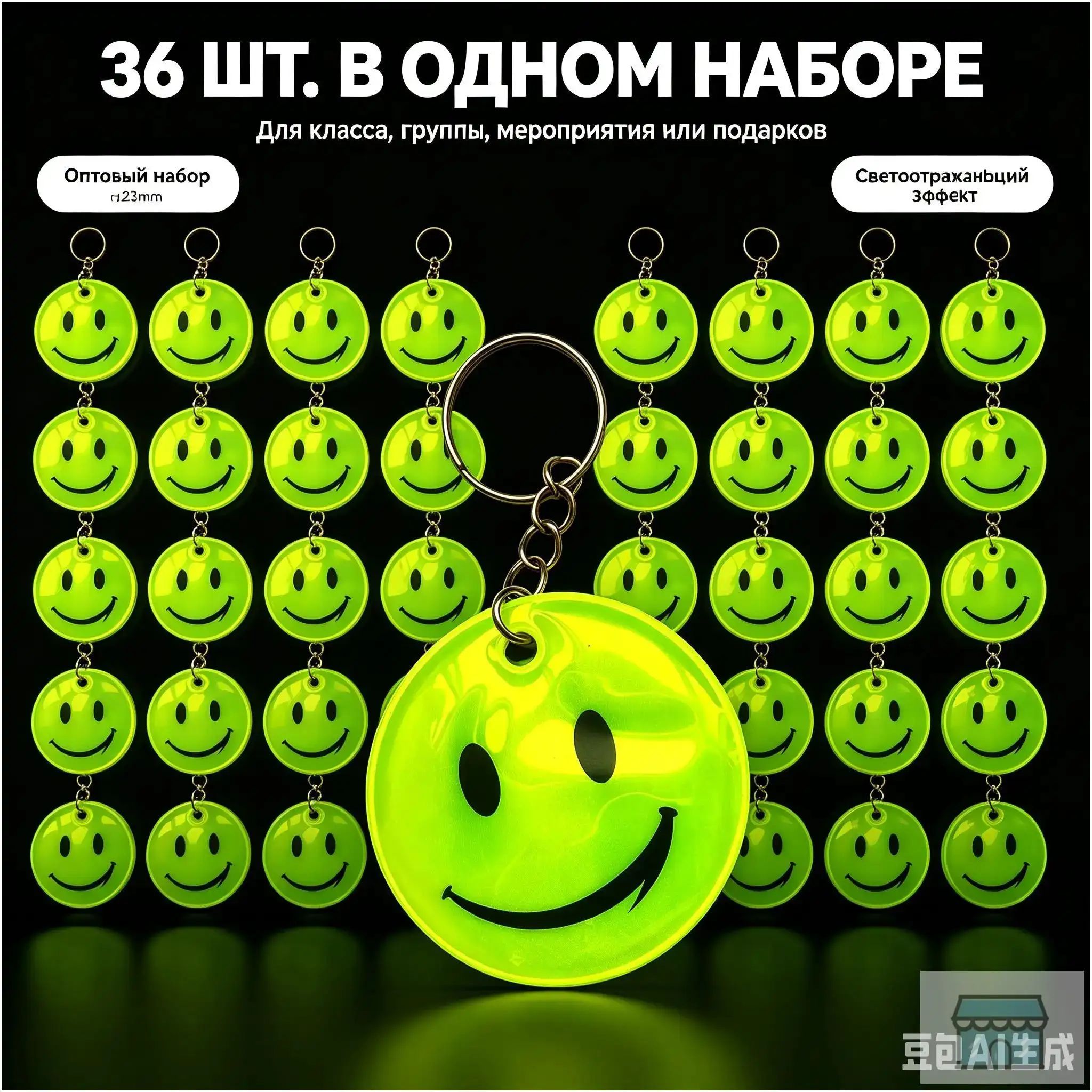Светоотражающий брелок-фликер Смайлик, набор 36 шт, для рюкзака, сумки и одежды, жёлтый
