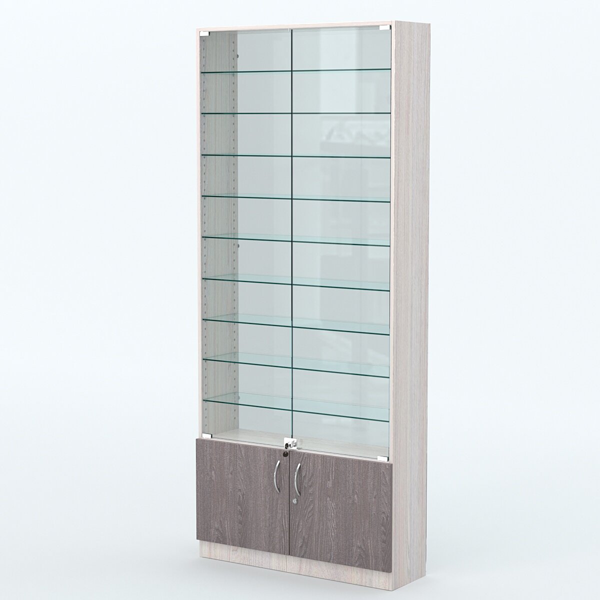 Торговая витрина с 9-ю полками 250x900 мм серии NEXT-9 №11-1 (З/C - стекло), Ясень Анкор светлый + Ясень Анкор темный