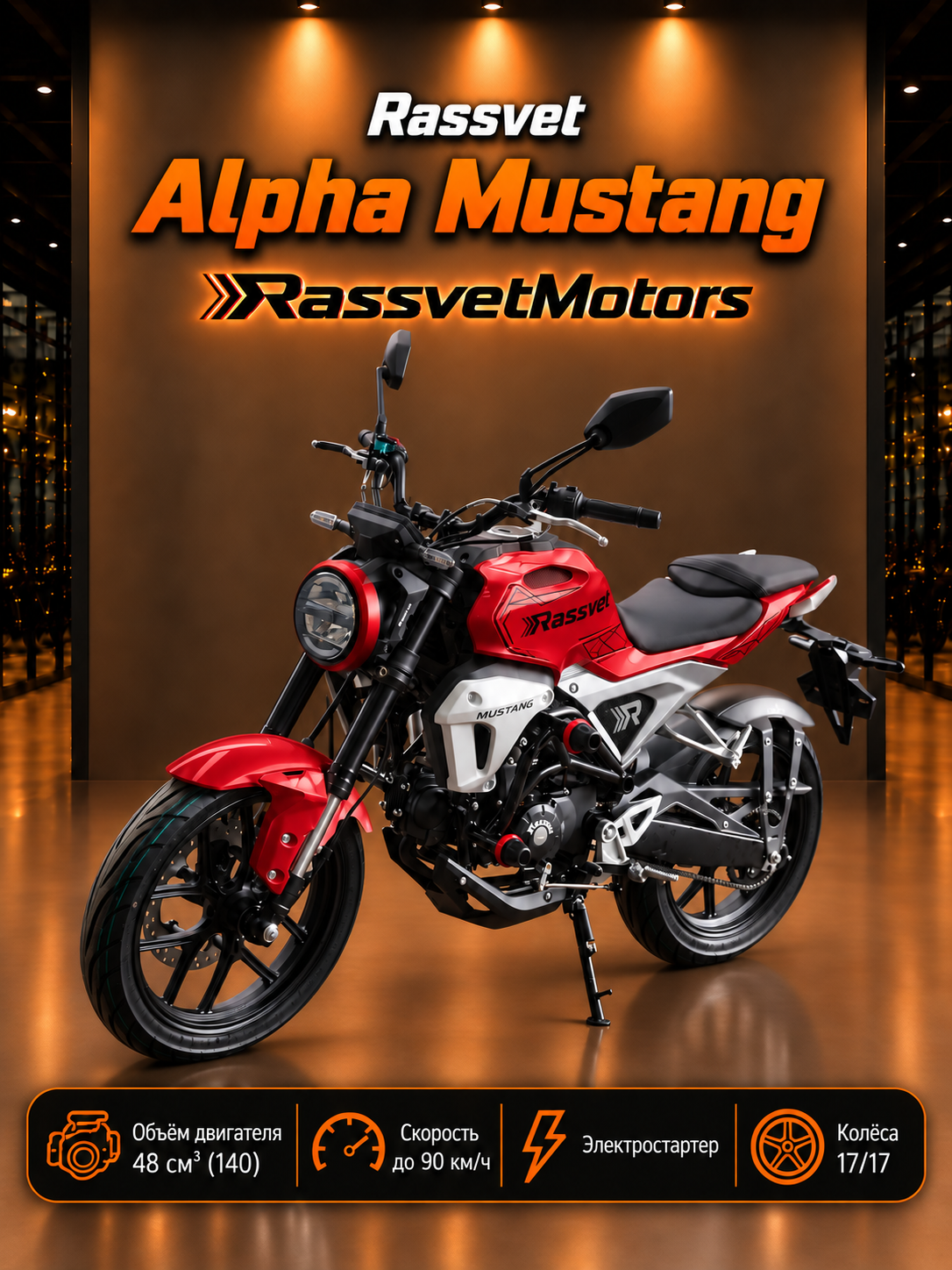 Мопед Rassvet Alpha Mustang 48CC красный (2026 г. в, 90 км/ч)