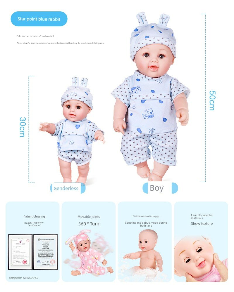 Мягкая кукла-зайка синего цвета с звездочками 50 см с определением пола, 3D-глаза, водостойкая, сменные наряды