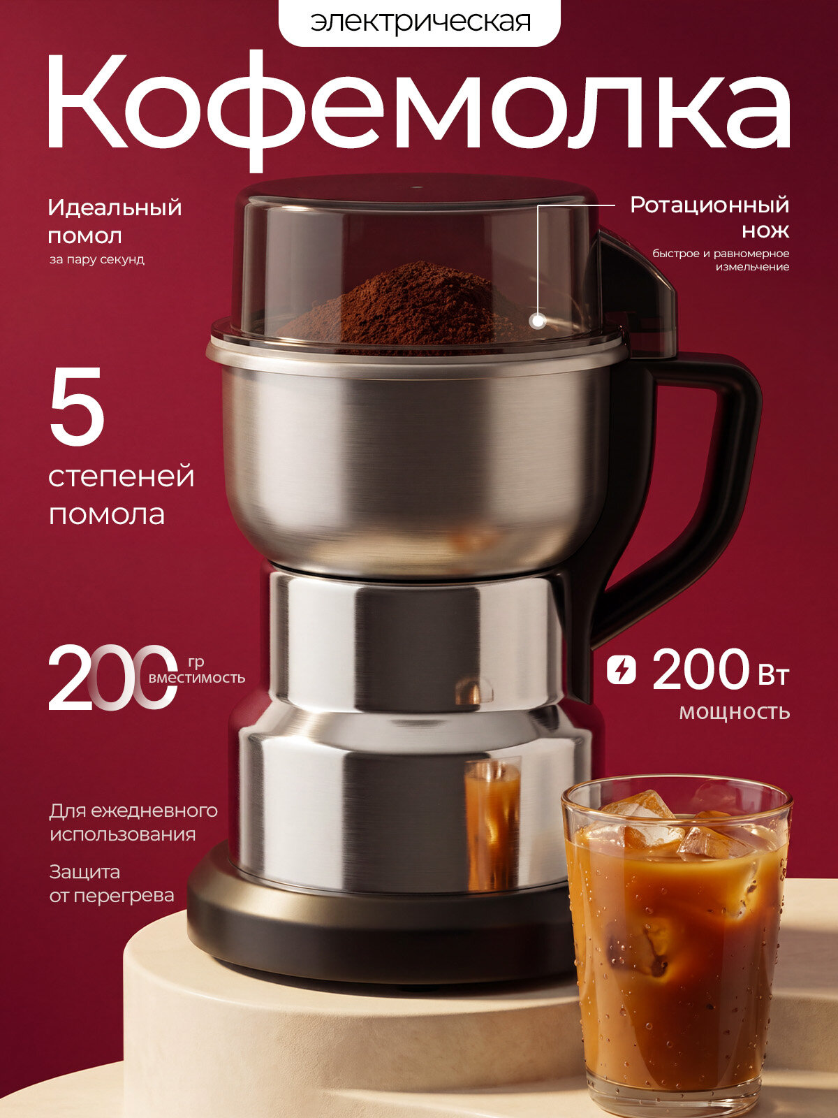 Кофемолка электрическая мощная для кофе электрокофемолка