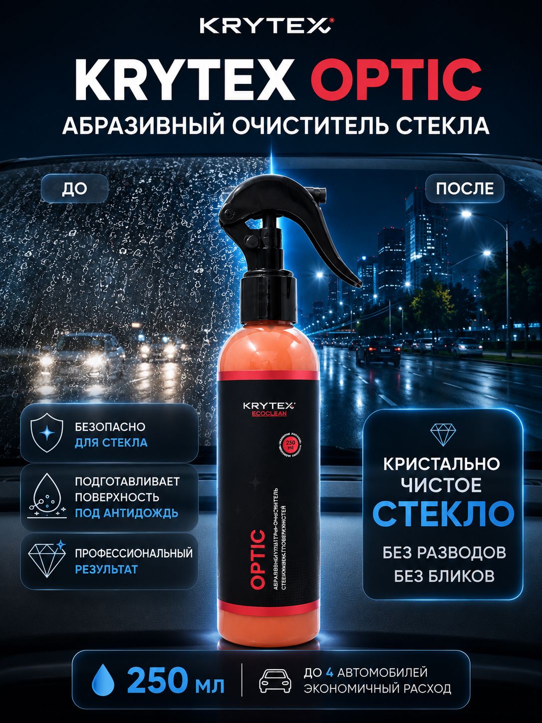 Очиститель стекла от водного камня KRYTEX OPTIC 250 мл