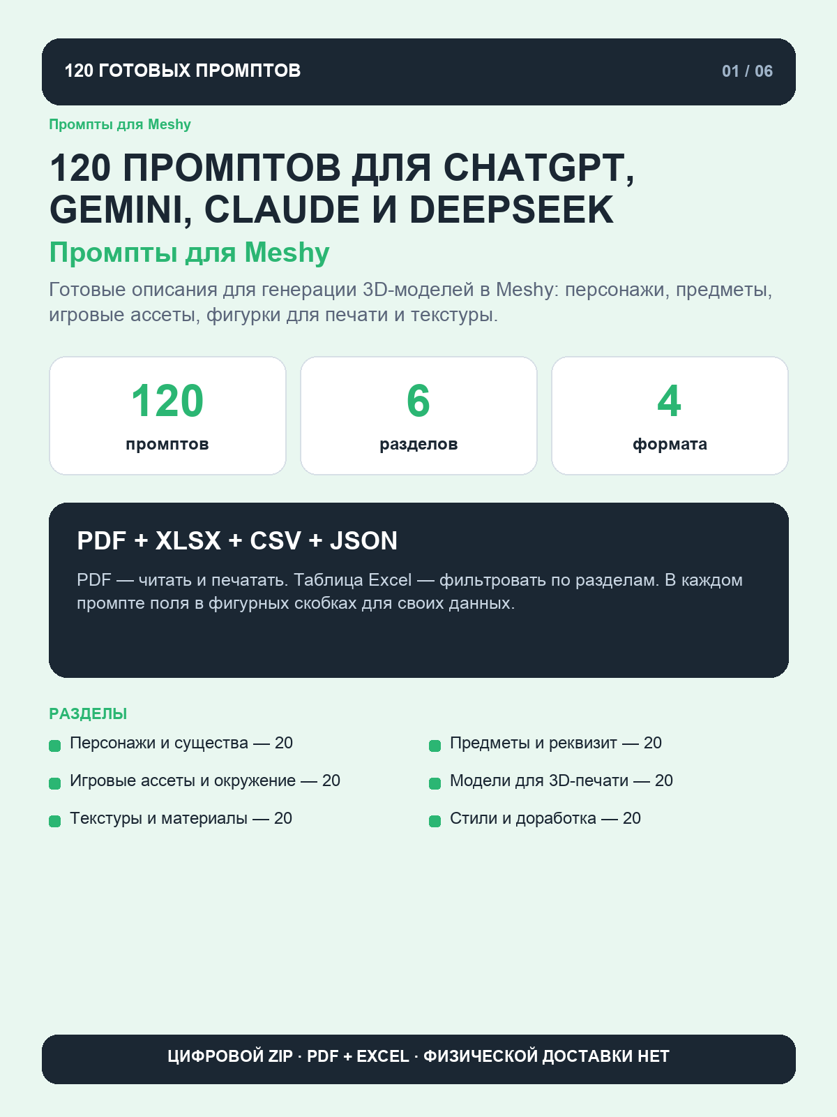 Промпты для Meshy: 120 запросов для 3D-персонажей, фигурок для 3D-печати и игровых ассетов, цифровая книга PDF A4