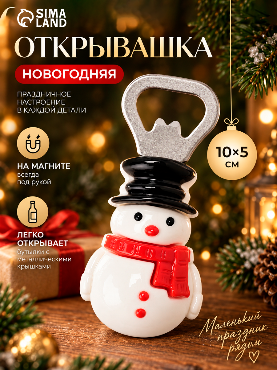 Открывашка - магнит новогодняя «Снеговик», 10×5 см, пластик, белая