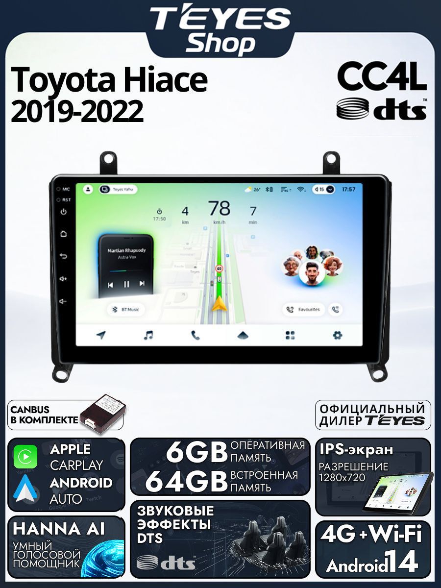 Магнитола Toyota Hiace H300 VI 6 GranAce I 1 2019-2022 Teyes CC4L DTS 6/64GB, штатная магнитола, IPS, DSP,4G, Wi-Fi