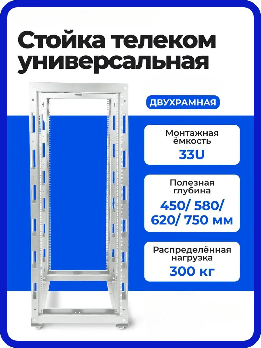 Стойка открытая 19" ЦМО СТК-2, универсальная, 33U, двухрамная