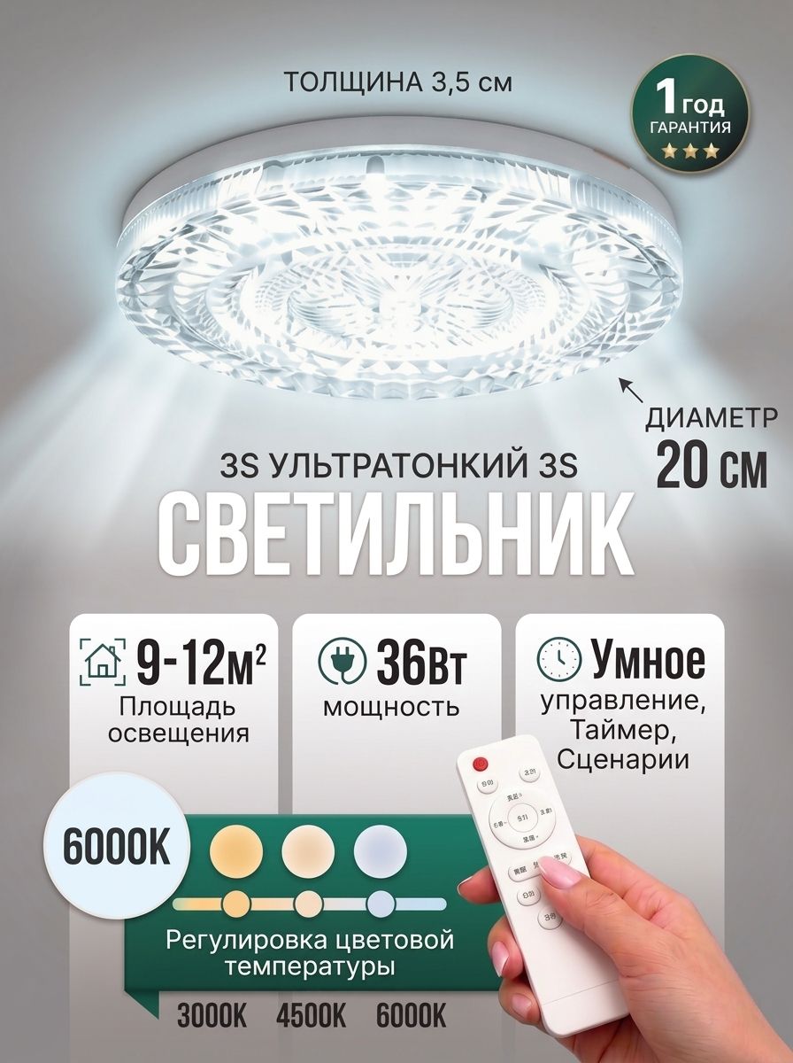 Светильник потолочный светодиодный с пультом управления,36Вт 20см, 3 режима света, подходит для спальни, детской